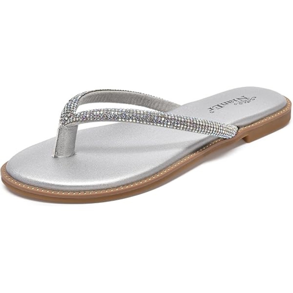 NianEr Silver Sparkly Rhinestone Flip Flop‎ Sandals Comfort Foam Size 6 New